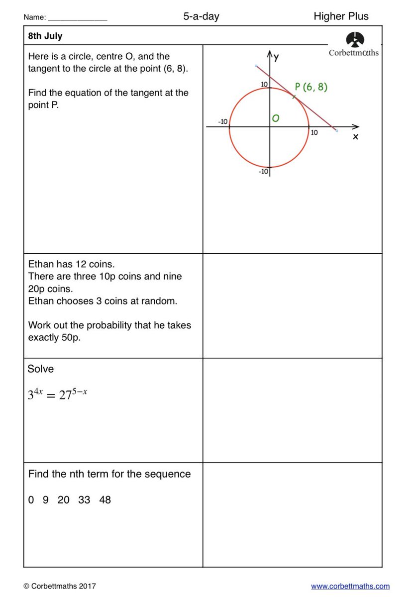 Studying for Higher GCSE Maths? Try today's Foundation Plus, Higher &amp; challenging Higher Plus #maths5aday answers: corbettmaths.com/2016/10/26/jul…