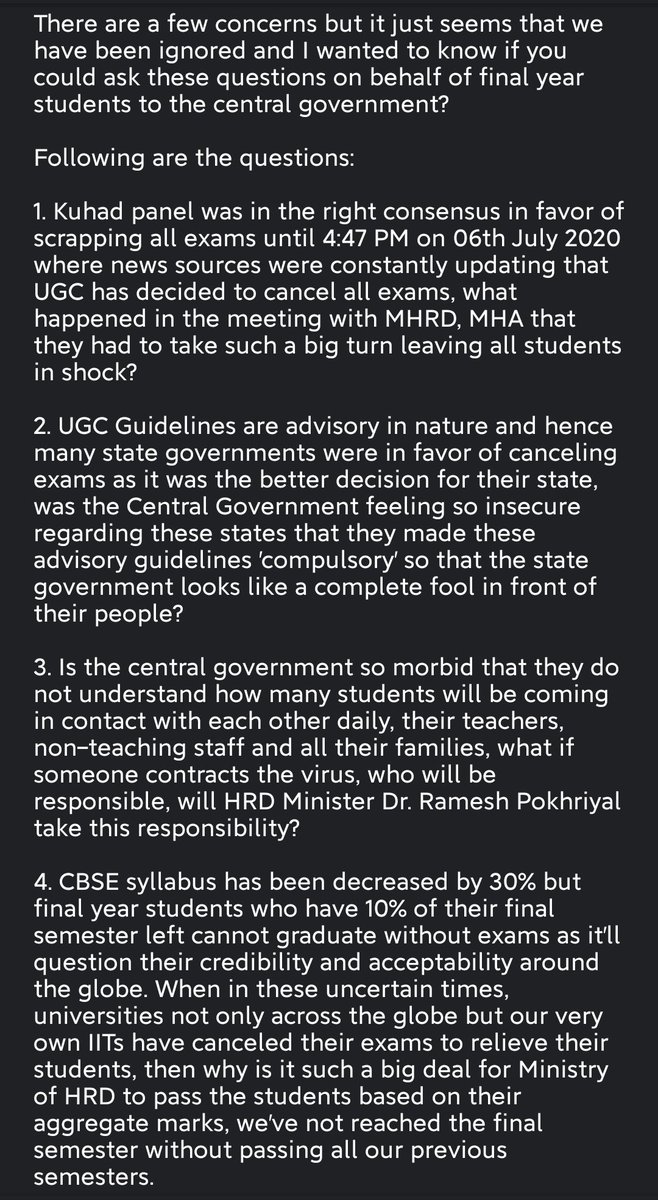 FinalStudents's tweet photo. Here are a few questions raised by final year students that we seek answers of, from @DrRPNishank @ugc_india @AmitShah 
I would request everyone to please share this &amp; help it reach the concerned people. #cancelfinalyearexam @narendramodi @samant_uday @masu4justice @SFI_CEC https://t.co/fRyXPDSbrZ