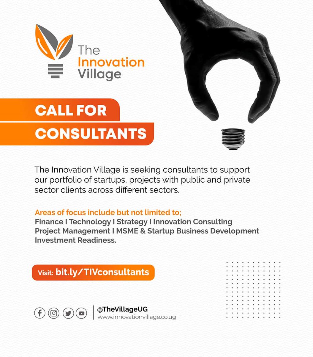#CallForConsultants: The @TheVillageUG is looking for both Local and International Consultants who can integrate their technical expertise with strong interpersonal and management skills.

Visit bit.ly/TIVconsultants to submit your interest.