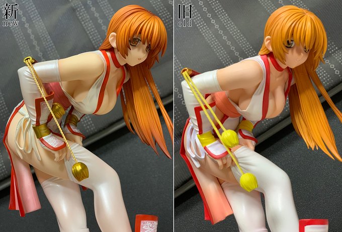 霞のリファインverフィギュア、新旧並べてみると順当進化って感じがします。
元となった片山さんのガレージキットも並べてみましたが大分違いますね。
塗装以外で一番大きい変化は脛当ての紐でここはガレキ版からもリメイクして新規造形のようです。 