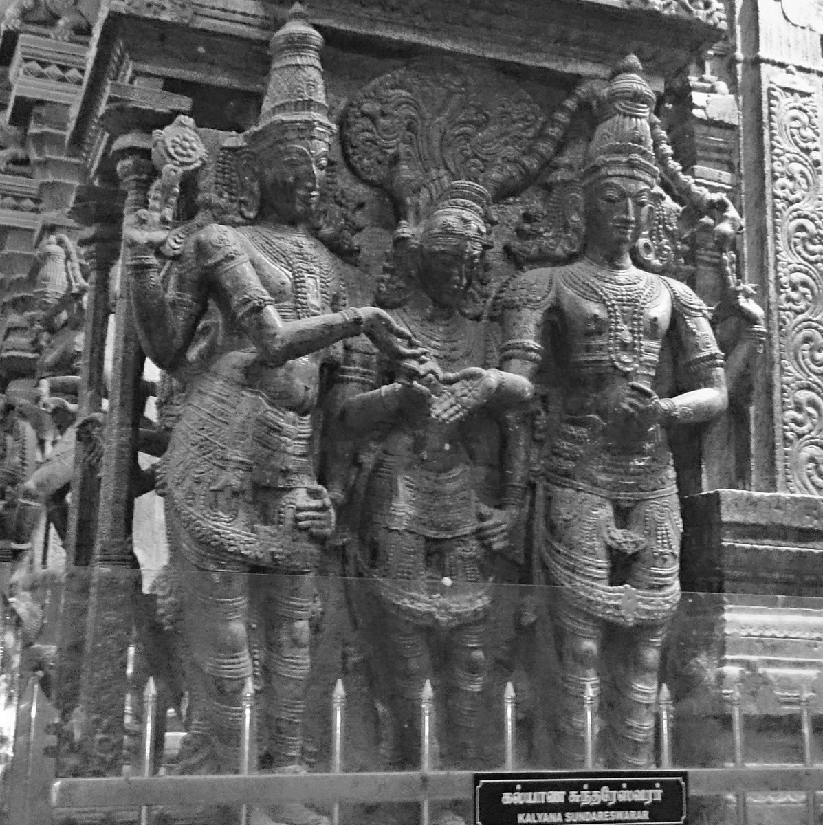 Some Kalyanasundaramurthi images show Vishnu, giving Parvati away by pouring water from a pot on their joined hands. Pic 3. Meenakshi temple, Madurai, Pic 4. Kerala Folklore Museum, Cochin. Pic 5. Chola bronze from Thiruvengadu, Thanjavur Museum  #AksharArt  #ArtByTheLetter