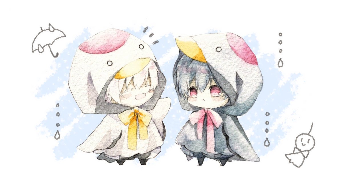 teruterubouzu 2boys black hair white hair hood multiple boys chibi  illustration images