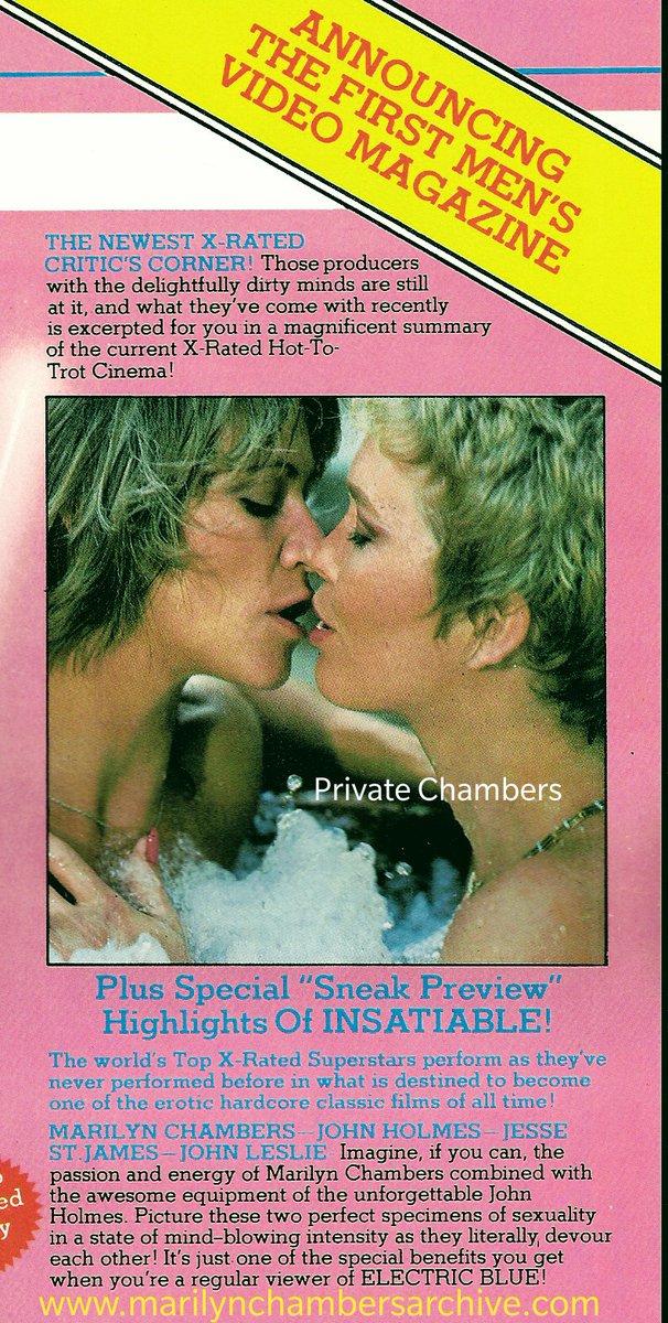 Announcing the first men's video magazine: Electric Blue! Featuring a sneak peek of #Insatiable! #MarilynChambers pictured here with @CzarneckiSerena #electricblue #videomagazine #80s #80sladies