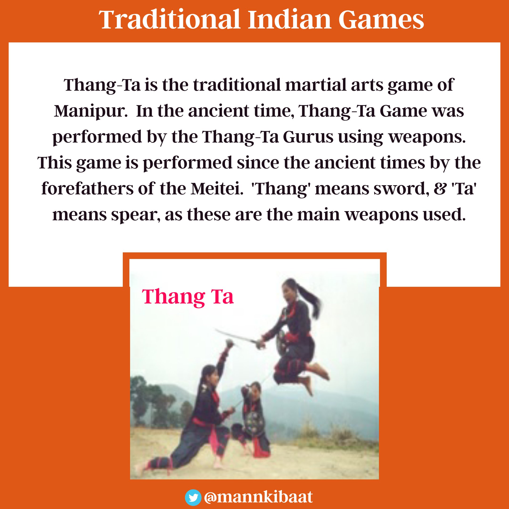 Mann Ki Baat Updates मन की बात अपडेट्स on X: "Thang-Ta Thang Ta is the  traditional martial arts game of Manipur. In the ancient time, Thang-Ta Game  was performed by the Thang-Ta Gurus