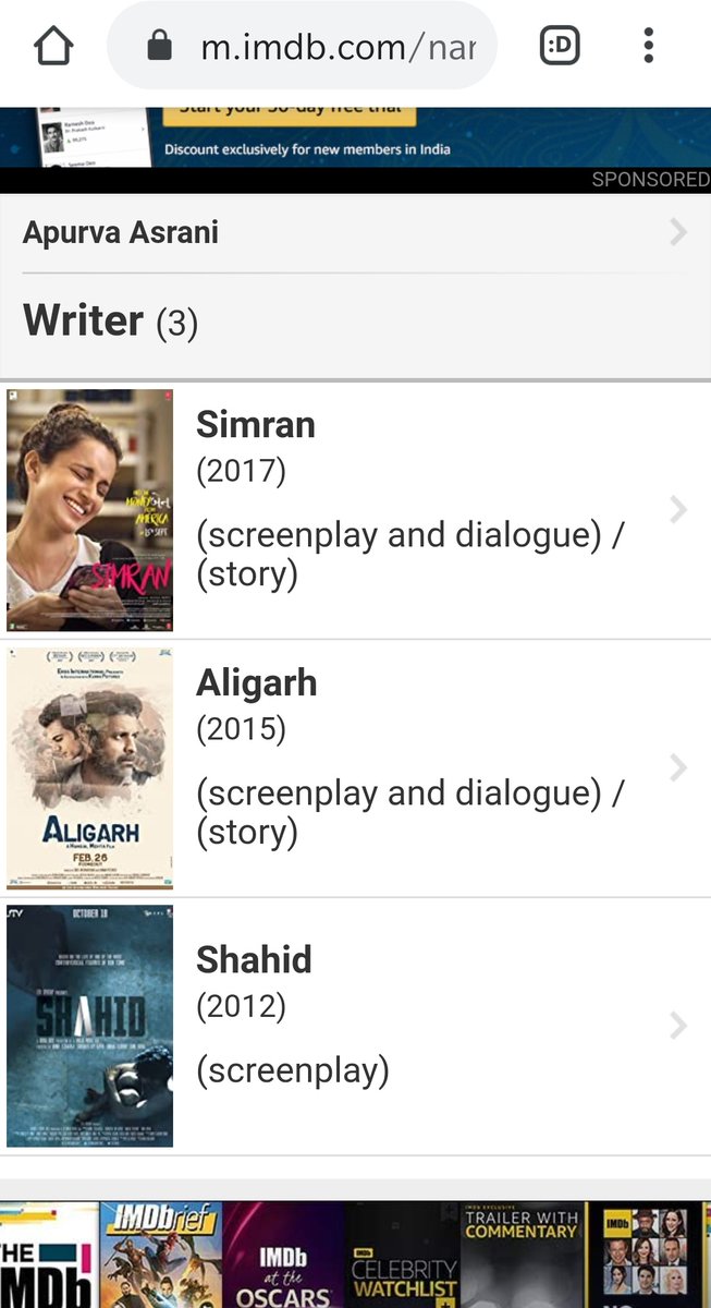 Apurvasrani's tweet photo. Have tried for 3 years to get my name back as co-writer of #Shahid on my IMDb page. I even wrote about it in my blog yesterday. And late last night, it miraculously popped back where it belonged. I don't know who had the power to do this, but thankyou 🤗. I cried a little. https://t.co/0km4ThdAyR