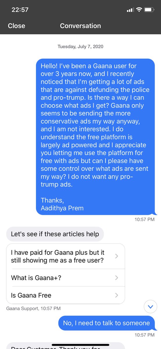 A_4_aadi's tweet photo. @gaana And I did use the help platform within gana and got an automatic response. 
Once again, I appreciate your response to the tweet :) https://t.co/b1cpnJBsXd