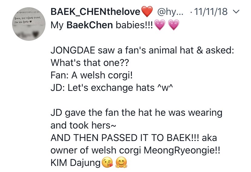  @mytinkerbaek jongdae exchanging hats only bc it reminded him of baekhyun 