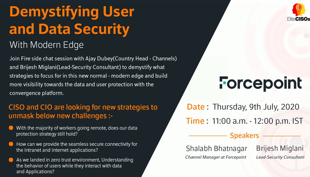 EliteCISOs webinar with <a href="/ForcepointSec/">Forcepoint</a> register : forms.gle/JGNMUnxQcrNZZQ… <a href="/techievicky/">Vikas Arora</a> <a href="/Anuprita_Daga/">Anuprita Daga</a> <a href="/falghancha/">Fal Ghancha</a> <a href="/amitghodekar/">Amit Ghodekar</a> <a href="/MilindMungale/">Milind Mungale</a> <a href="/malikalok/">Alok Malik</a> <a href="/HarishJ72607529/">Harish Jain</a> <a href="/arunp2/">Arun Padmanabhan</a> <a href="/snakeyesV1/">Venkata “Cyber Baahubali” 👾</a>