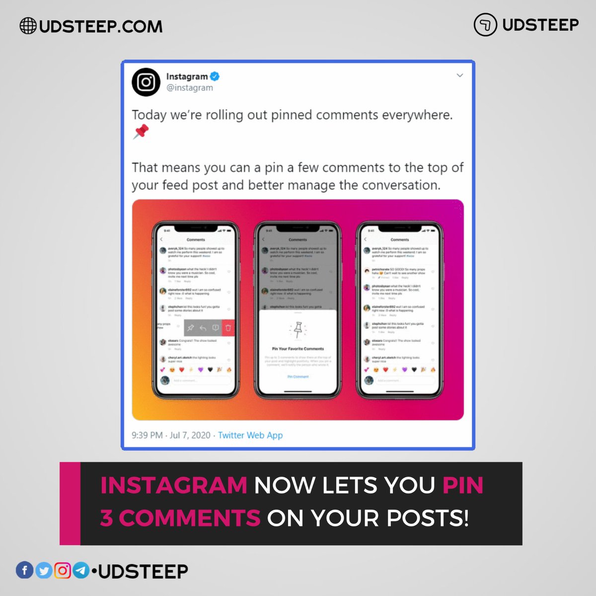 udsteep's tweet photo. Instagram is Rolling Out Pinned Comments to Everyone!

The new feature is rolling out to everyone if it’s not showing up for you, make sure you’re on the latest version of the Instagram app.

#Instagram #PinComments #InstagramComments 
#UDSTEEP https://t.co/xOjx5NAM9I