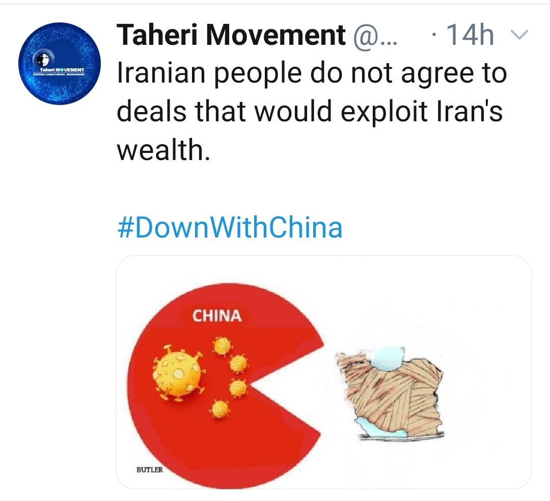 TaheriSpammers's tweet photo. بارها گفته شده اکانت #طاهری_موومنت توسط رژیم ایران هدایت میشود. نمونه جدید، عکس العمل ظاهری به #قرارداد۲۵ساله #قرارداد_۲۵_ساله  با هشتگ مرگ بر #چین‌ که بجای مسئول دانستن رژیم، توپ را زمین چین انداخته و در ضمن ترویج #نژادپرستی و نفرت پراکنی میکند‌. #قرارداد_ننگین
#Taheri_movement https://t.co/Hxiad6JgCH