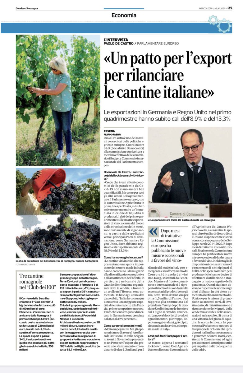 paolodecastro's tweet image. ‼️Effetto #Covid 🦠 e reazioni #UE 🇪🇺. ⏰ Dopo mesi di trattative, la @EU_Commission ha pubblicato le nuove misure eccezionali a favore del #vino 🍷 Ne parlo in un’intervista sul @CorriereRomagna 🗞 Buona lettura👇