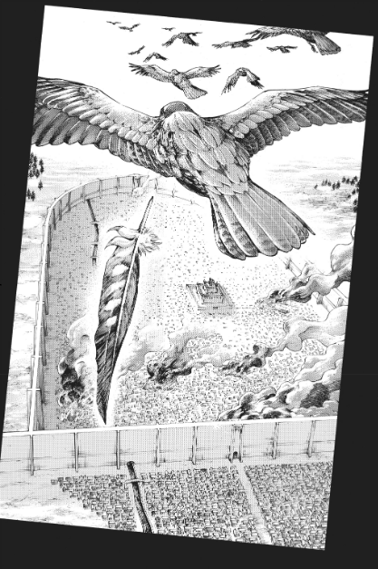 Also in chapter 120, we follow a group of birds flying over the Shiganshina District. One of them even loses a feather, knowing that Eren has just been shot.In this same chapter we see in Eren's memories this same(?) group of birds, but this time, the view is from below.