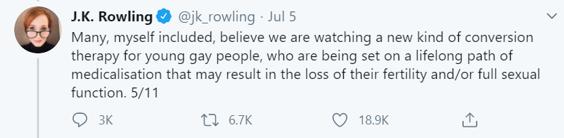 Compare what Ms Rowling says about what she regards as pernicious influences on trans children with, for example, how the Supreme Court of Ireland once (in 1985) spoke about pernicious influences on gay children.