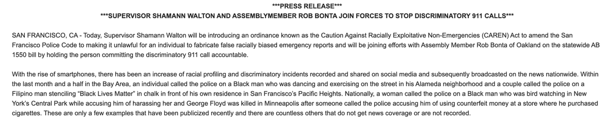UberFacts's tweet photo. City officials in San Francisco are introducing the 'CAREN' Act to outlaw racially motivated 911 calls.

It stands for "Caution Against Racially Exploitative Non-Emergencies." https://t.co/YemlHB08ks