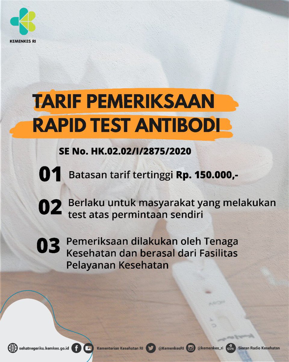 Kemenkes Ri On Twitter Kemenkesri Telah Menentukan Standar Harga Dalam Pemeriksaan Rapid Test Antibodi Sebesar Rp 150 000 Hal Ini Tertuang Dalam Surat Edaran No Hk 02 02 I 2875 2020 Tentang Batasan Tarif Tertinggi Pemeriksaan Rapid