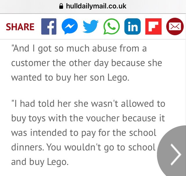 So in case you missed it, here’s the only source of the “parents trying to spend money on beer” non-issue that our children’s minister is now banging on about. This quote, from the article’s only source, seemed rather telling to me  https://www.hulldailymail.co.uk/news/hull-east-yorkshire-news/asda-abused-school-meal-vouchers-4127212.amp?__twitter_impression=true