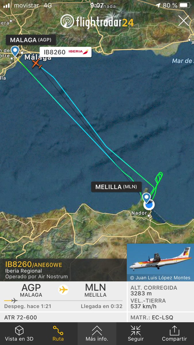 SpottersMelilla's tweet photo. 🔴#DESVIADO a #MálagaAGP vuelo #IB8260 AGP-MLN de @AirNostrumLAM.
Dicho vuelo vuelve para #Málaga debido a las condiciones adversas en la aproximación a #MelillaMLN.
@controladores https://t.co/Z2NGazD0pf