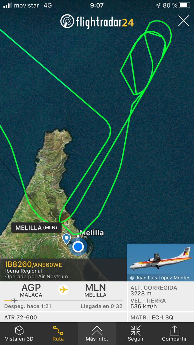 SpottersMelilla's tweet photo. 🔴#DESVIADO a #MálagaAGP vuelo #IB8260 AGP-MLN de @AirNostrumLAM.
Dicho vuelo vuelve para #Málaga debido a las condiciones adversas en la aproximación a #MelillaMLN.
@controladores https://t.co/Z2NGazD0pf