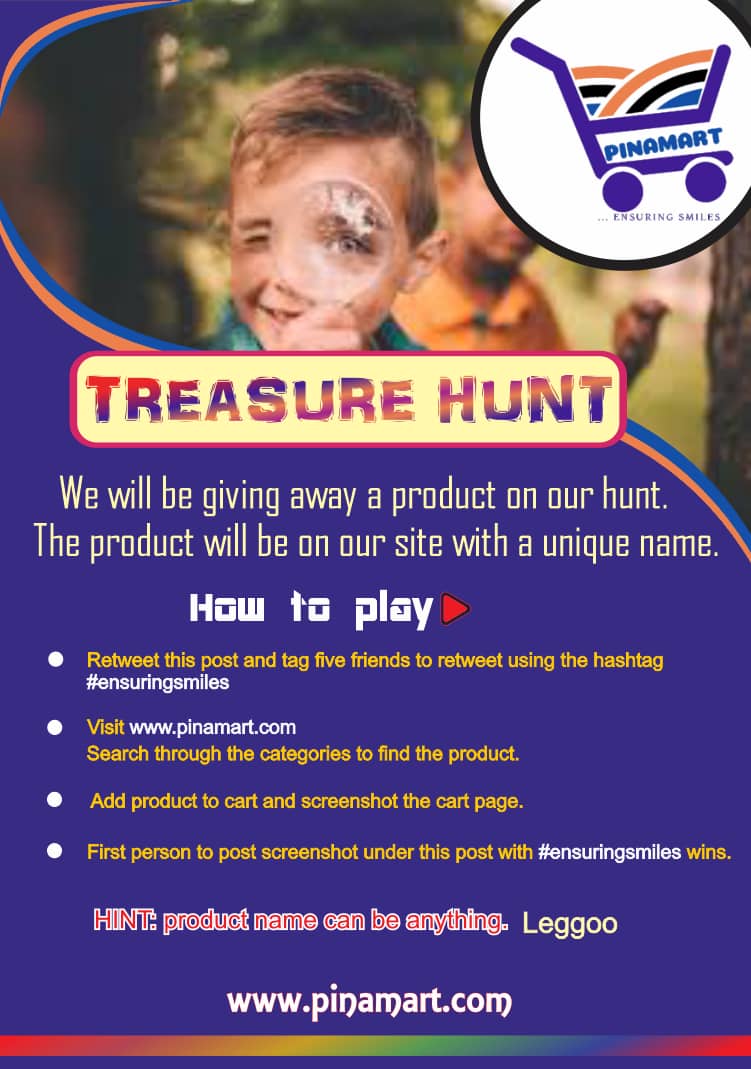 pinamartng's tweet photo. Its TREASURE HUNT day.

Retweet,
tag your friends in the comment to join. Add #ensuringsmiles 

Search for the product in frame 2 on  https://t.co/KIrBeXvhni

First to find it gets the product.

You must tag friends to join before you begin

Let the fastest man win. 
#TREASURE https://t.co/es2O3oOkgD