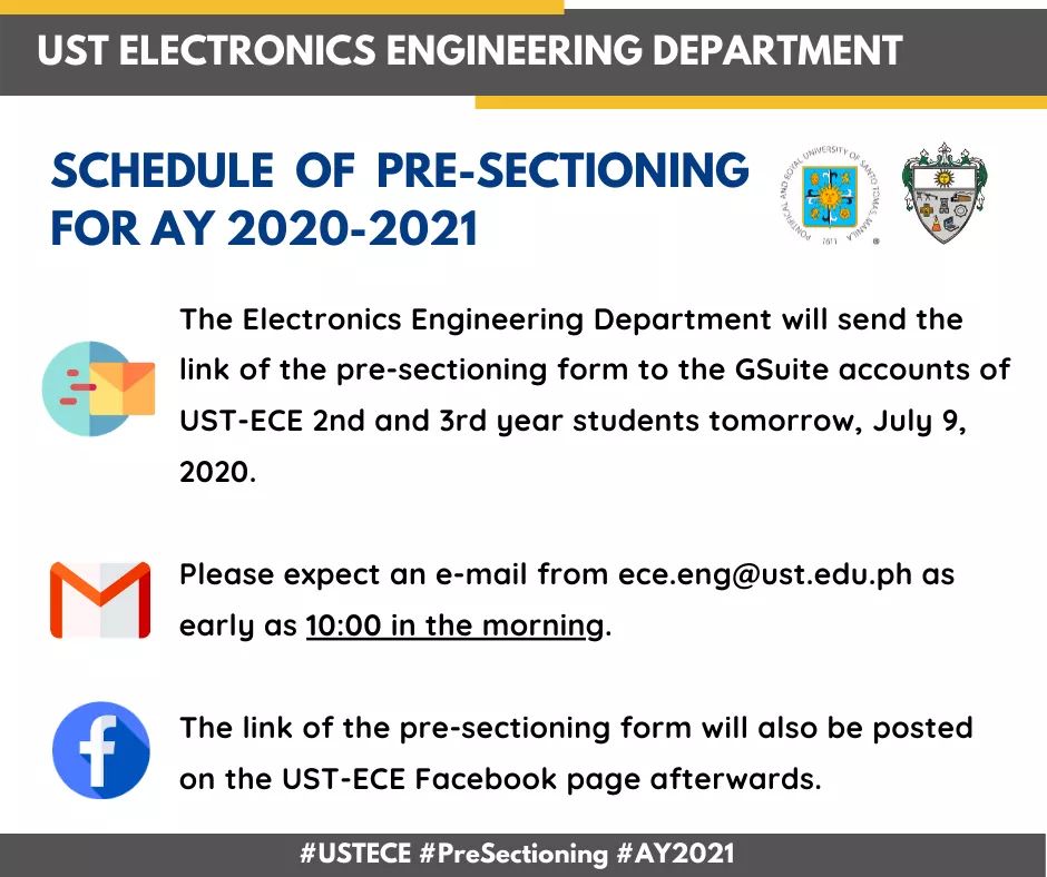 ust_ecedept's tweet photo. Good day! Please be reminded of the schedule of pre-sectioning period for AY 2020 - 2021.

Keep safe and may God bless you. 
#USTECE #PreSectioning https://t.co/zNqCNcBpVe