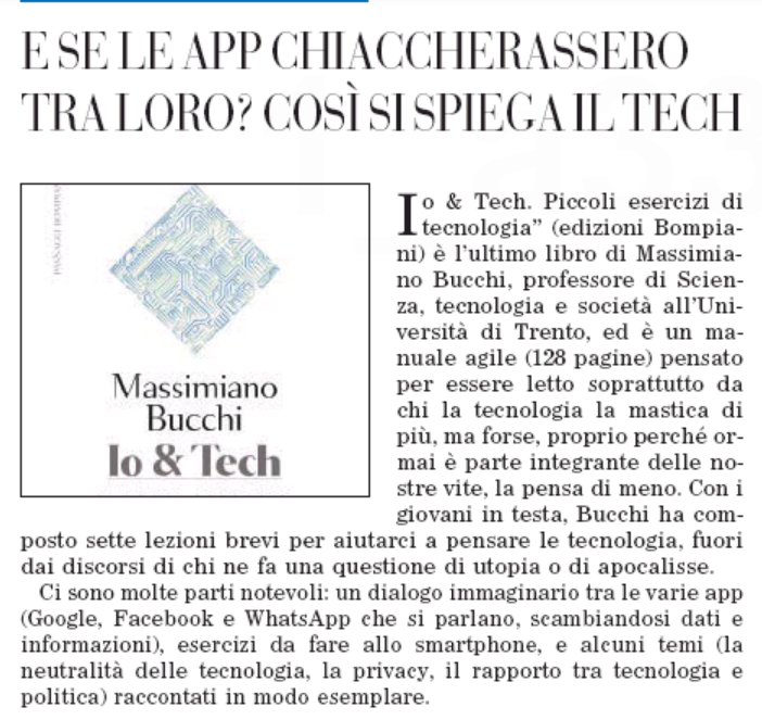 MassiBucchi's tweet photo. "La neutralità della tecnologia, la #privacy, il rapporto tra #tecnologia e politica raccontati in modo esemplare". Grazie @eugenio_cau per la recensione di #ioetech su @ilfoglio_it ! https://t.co/qLSmY3SE0V