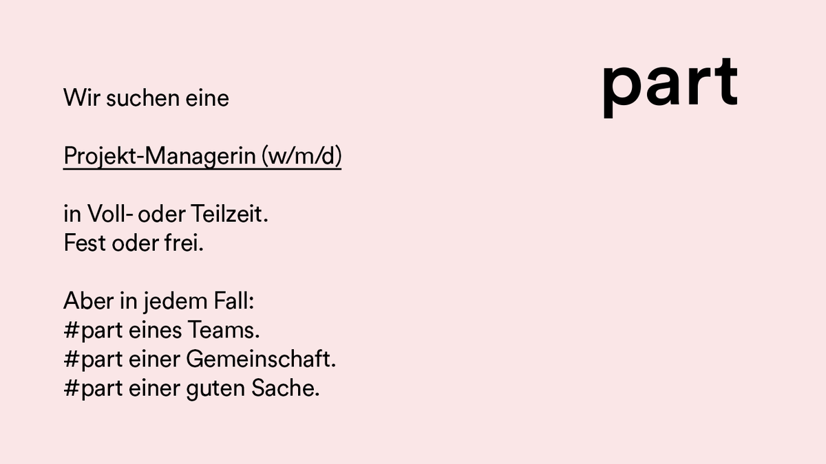 part_____'s tweet photo. Bei Interesse gern Mail an info@part.berlin #Stellenangebot #Projektmanagerin #purpose
@AnnemarieBotzki @XRBerlin @wahl_beobachter @buergerrat_de @FFF_Berlin @lisagoeldner @_GermanZero @Holefleisch @jo_kristof @raulde @lyroloff @Luisamneubauer @parents4future @DIEZEIT_Jobs https://t.co/mrPoI0eY5Y