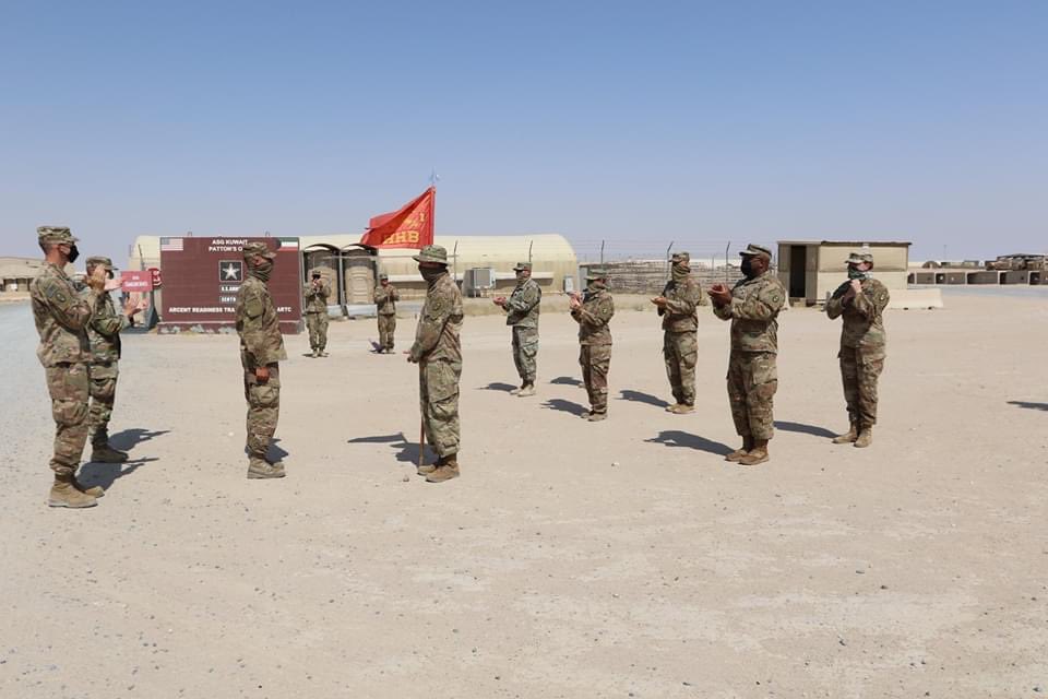 30thabct's tweet photo. U.S. Soldier, Spc. Dominik Walls, from the 1-113th Field Artillery Regiment, #30thabct receives a promotion in front of the 1-113th Field Artillery Regiment T-Wall he painted while deployed in the @CENTCOM area of responsibility for @TFSpartan July 7, 2020. https://t.co/0yk4LLPWhp
