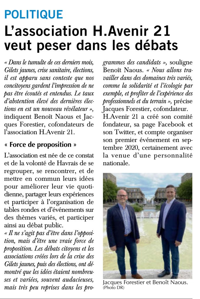 HAvenir21's tweet photo. "Être force de proposition!"
Article paru ce matin (8 juillet 2020) dans la presse havraise @paris_normandie
A très bientôt 👍 https://t.co/jJIh4lNErV