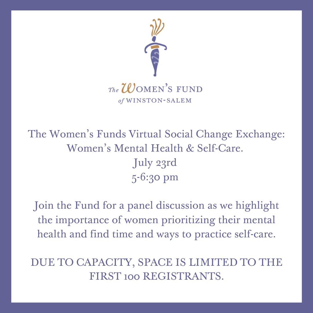 womensfundws's tweet photo. You won’t want to miss our Virtual Social Change Exchange: Women’s Health & Self Care
July 23rd at 5:00-6:30 p.m.
https://t.co/HOCN4n3EQm
Sign up today. #wsnc #winstonsalem #womensfund #wsfoundation https://t.co/vjliKU7LF0