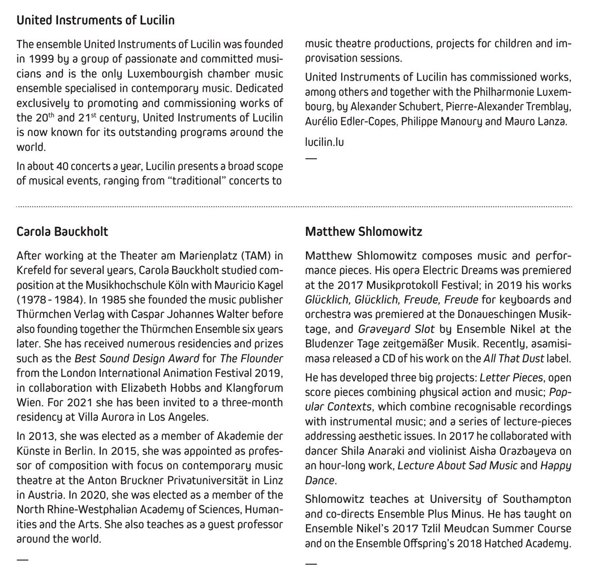 **call for composers** - delighted that #CarolaBauckholt and <a href="/MShlom/">matthew shlomowitz</a> Matthew Shlomowitz will join us for the 6th Luxembourg Composition Academy. It will take place Nov 16th-22nd <a href="/neimenster/">neimënster</a>, during #rainydaysfestival 2020 <a href="/PhilharmonieLux/">Philharmonie Luxembourg</a>. Apply until July 24th. Spread the word !
