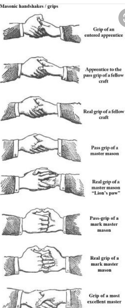 4. The handshake which is the second one on the clip, appears to be a master masons handshake with thumbs pressed on the middle finger knuckle. They appear to get their thumbs on the wrong side of each other to start with, maybe they were going for a different handshake at first.