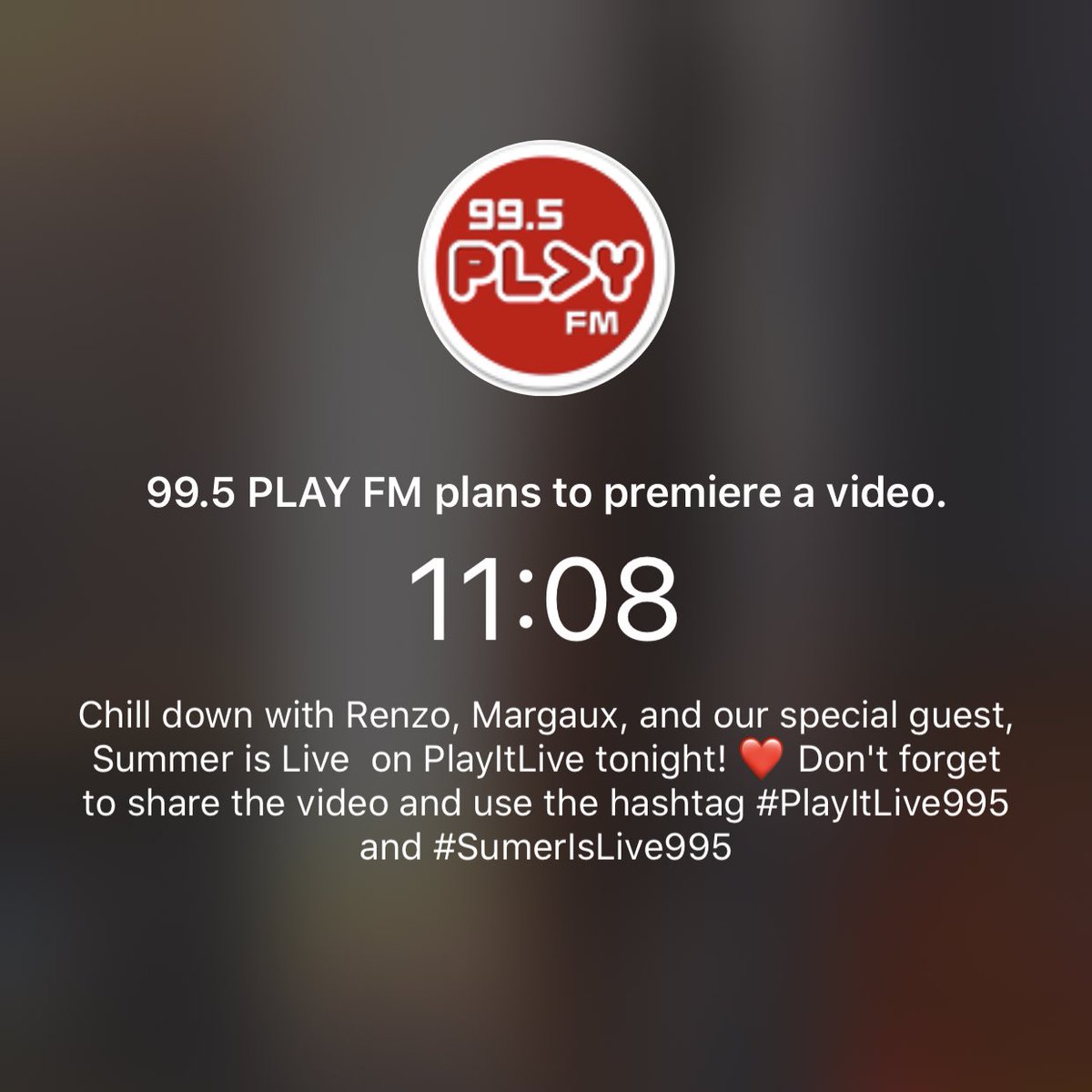 995PlayFM's tweet photo. PREMIERING IN A FEW ๐๐ผ
Catch tonightโs PlayItLive with @SummerIsLive on our Facebook page! See you! โค๏ธ
Watch it here โคต๏ธ
https://t.co/yfzJ7LowTv
#PlayItLive995 #SummerIsLive995 https://t.co/LsUtH2Q4T0