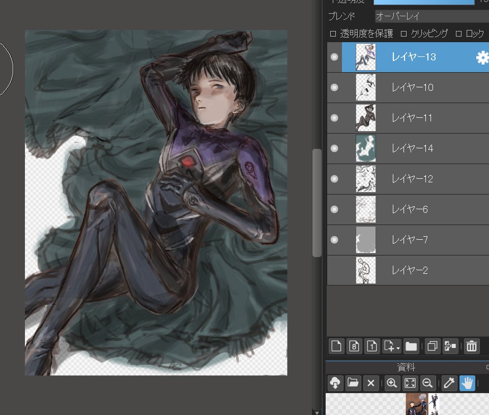 <おぼえがき>
①アクリル筆で大まかに描く
②グレー系で色をおく、乗算で落ち影をつける
③オーバーレイでだいたい色付けて統合、通常レイヤーで水彩使ってディティールを仕上げる 