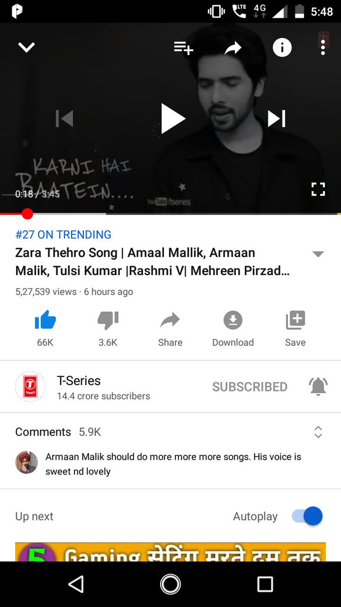 Anjum786012's tweet photo. Trending at #27on @YouTubeIndia 
#ZaraThehro

Congratulations @AmaalMallik @ArmaanMalik22 @daboomalik @Mehreenpirzada @TulsikumarTK @TSeries #RashmiVirag 

Thank you for such a beautiful song❤️ https://t.co/P1ZLTW6Clm