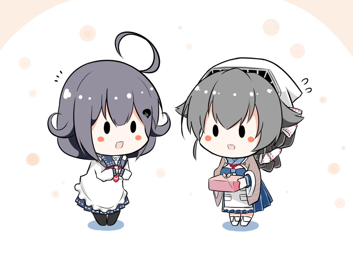 jingei (kancolle) ,taigei (kancolle) multiple girls 2girls hair flaps school uniform apron ahoge chibi  illustration images