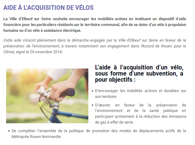 aide à l’acquisition d’un vélo  (à propulsion humaine = 50% plafonné à 100€ ou d’un vélo à assistance électrique = 100€) neufs ou d’occasion - Ville d'#Elbeuf - détails mairie-elbeuf.fr/aides/aides-fi…