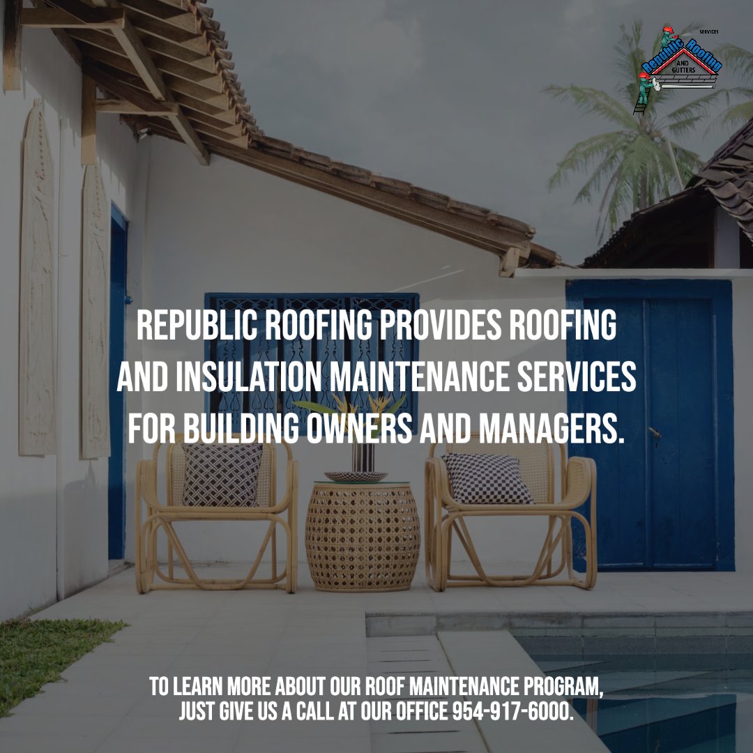 Does your roof need maintenance?
We can help!

#RoofingMaintenance #RepublicRoofing #Florida #SouthFlorida #RoofingRepairs #Inspections #Insured #Licensed #Insulation #Contractors #DelrayBeach #BoyntonBeach #MiamiDade #CentralFlorida #WestPalmBeach #Broward #FortLauderdale
