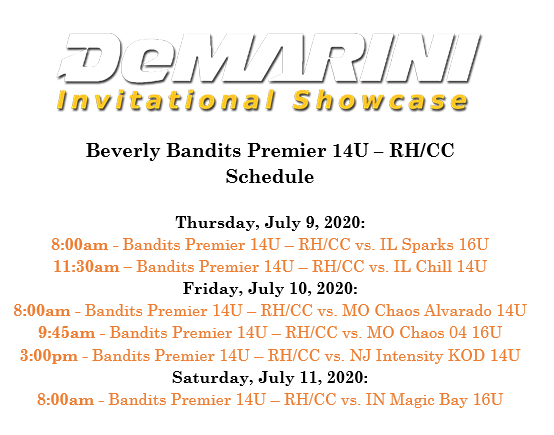 Bandits Premier 14U - RH/CC in action at the DeMarini Invitational Showcase this weekend. Here is our schedule...
#Fearthewoo