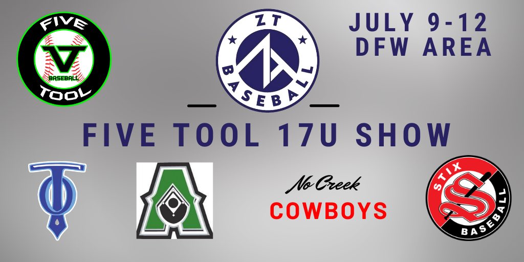 Matchups are set for <a href="/ZT_NTX_White/">ZT Elite NTX White</a> 17U for the <a href="/FiveTool/">Five Tool Baseball</a> 17U Show

Thursday:  vs <a href="/TEXAS_OILERS/">TexasOilersBaseball</a> 
Friday: vs <a href="/ActionBaseball/">Action Baseball Club</a> 
Friday: vs <a href="/nocreekbasebal1/">Jeff Pierce</a> 
Saturday: vs <a href="/StixBaseballTX/">Stix Baseball</a> 

#baseball #showcase #fivetoolshow #FiveToolPower <a href="/FiveToolTexas/">✭Five Tool Texas✭</a> <a href="/ZT_BaseballClub/">ZT Baseball Club</a> <a href="/ZTElite_NTX/">ZT Elite Baseball NTX</a>