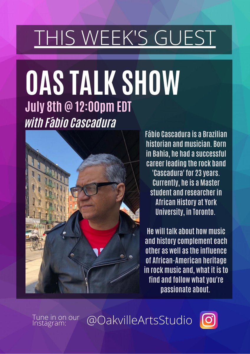 Can't wait to chat with @fabiocascadura about what it is to work in both, music and history - and how these fields compliment each other! He might play some tunes for us so join at the <a href="/oas_info/">Oakville Arts Studio</a> insta at noon! ⭐️
.
.
#TorontoArts #Music #Bahia #AfricanHistory #TalkShow #InstaLive
