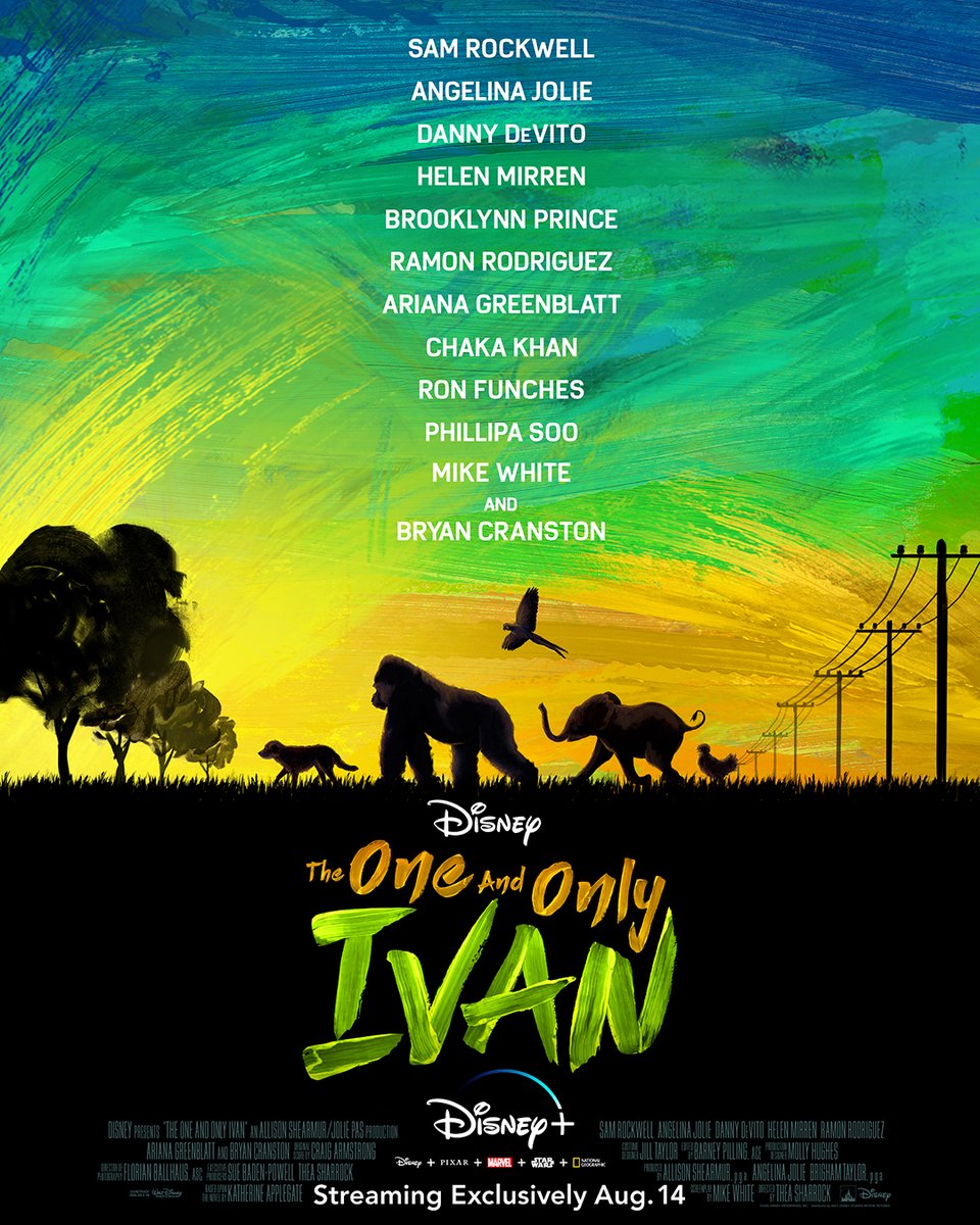 The One and Only Ivan is streaming exclusively on #DisneyPlus starting August 14. 🐕 🦍 🦜 🐘 🐓