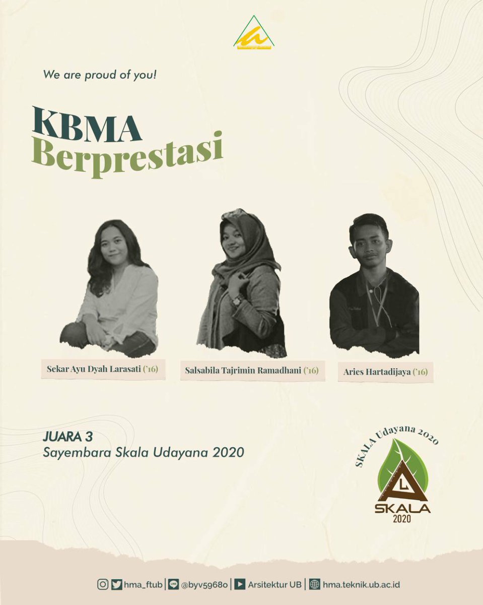 hma_ftub's tweet photo. [KBMA BERPRESTASI]
Selamat kepada Sekar Ayu Dyah Larasati ('16), Salsabila Tajrimin Ramadhani ('16), Aries Hartadijaya ('16) yang telah menyumbangkan prestasi dengan menjadi juara 3 sayembara Skala Udayana. We're very proud of you! https://t.co/DKox4VFAMp