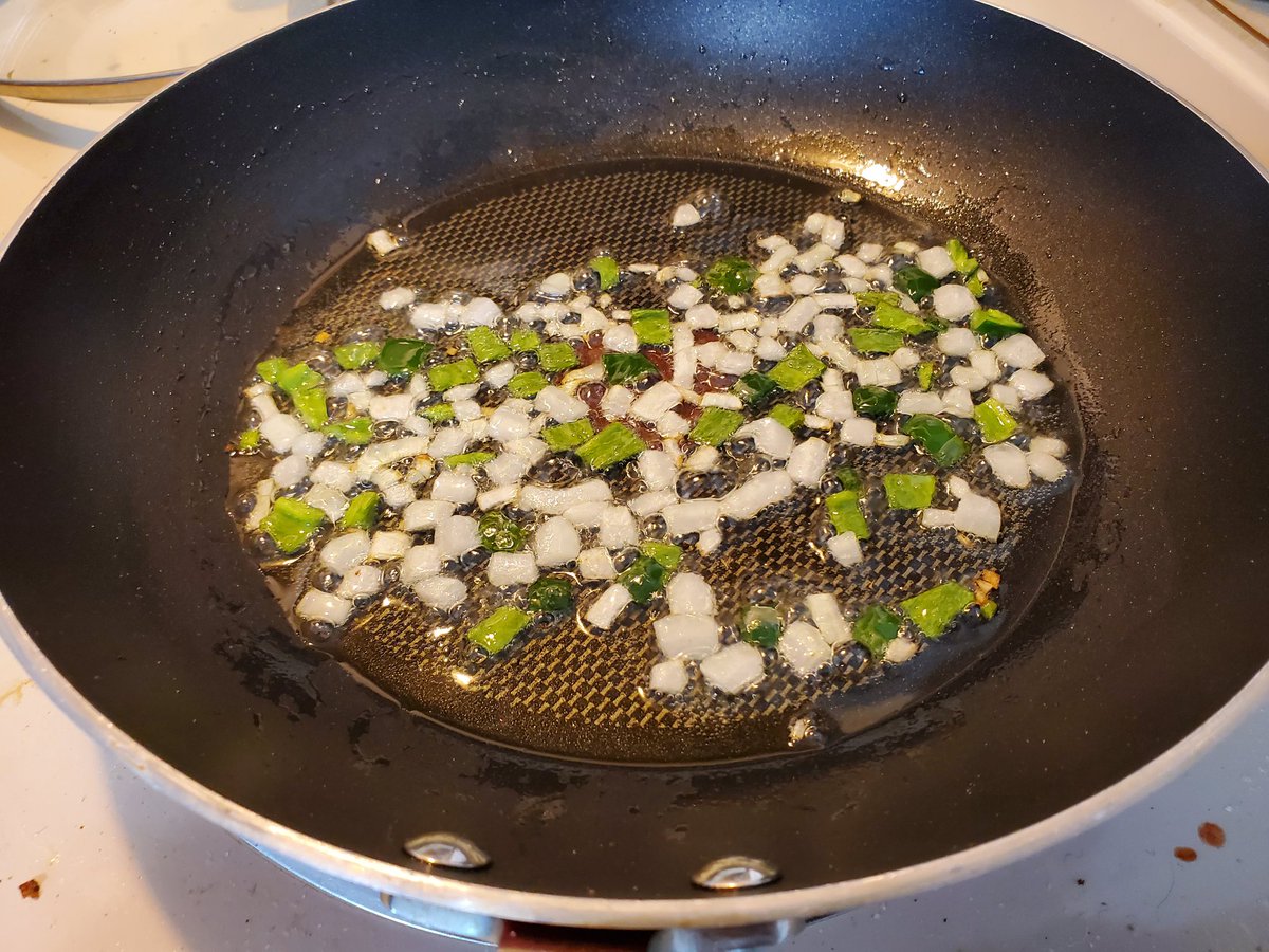 Today& #39;s breakfast is gonna be a thread, picked the first poblano off our plant so I made some dressed up migas  #yomanfoodStep 1: heat some canola oil over medium heatCut some white onion and add to pan, then cut the pepper and add it to the pan