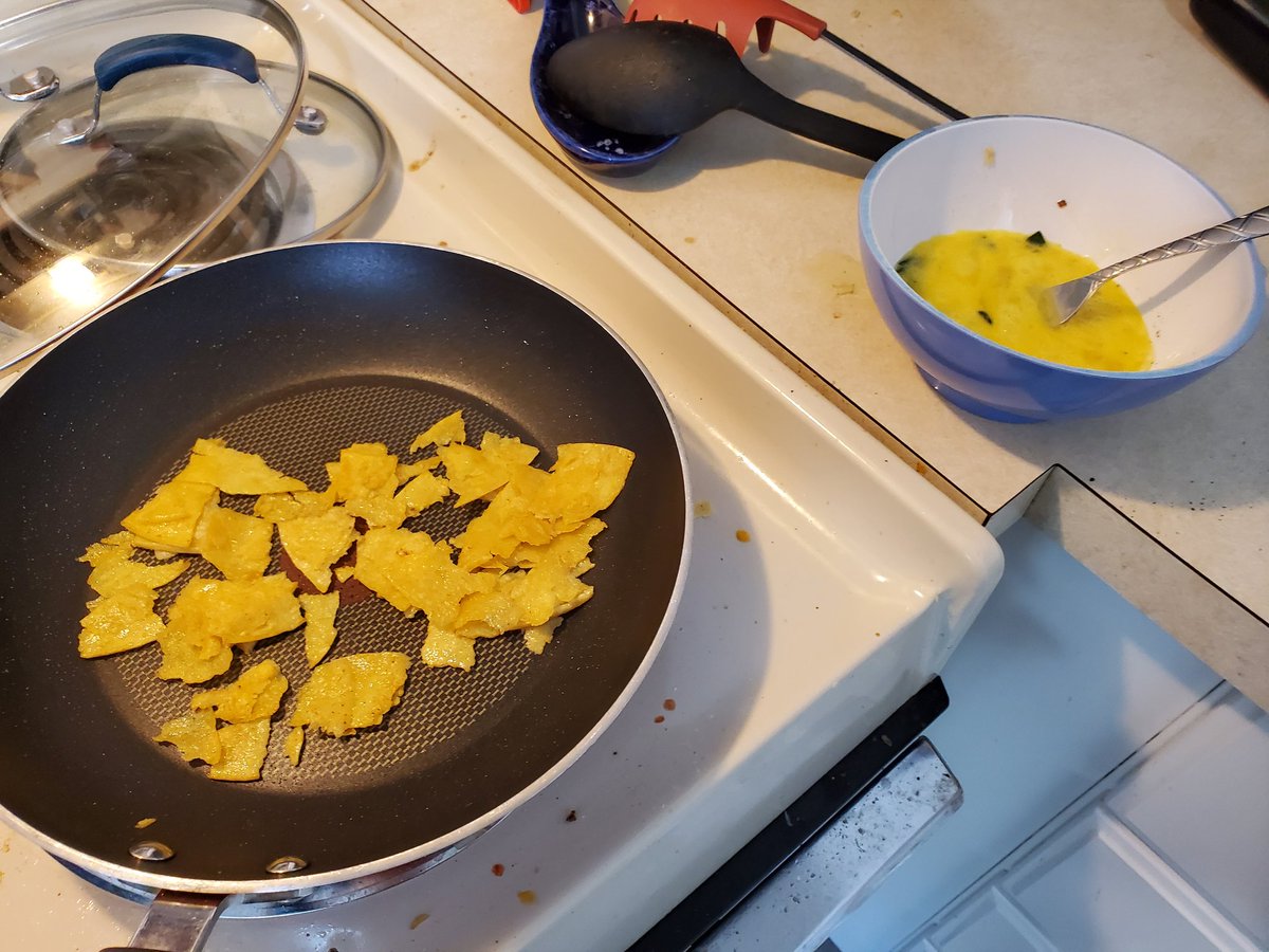 Step 2Pull the peppers and onions out a little after they start to brown, then rip up corn tortillas and fry in the remaining oil (1 tortilla per 1 egg you plan to use)Scramble eggs with the poblano and onion and a bit of salt and pepper