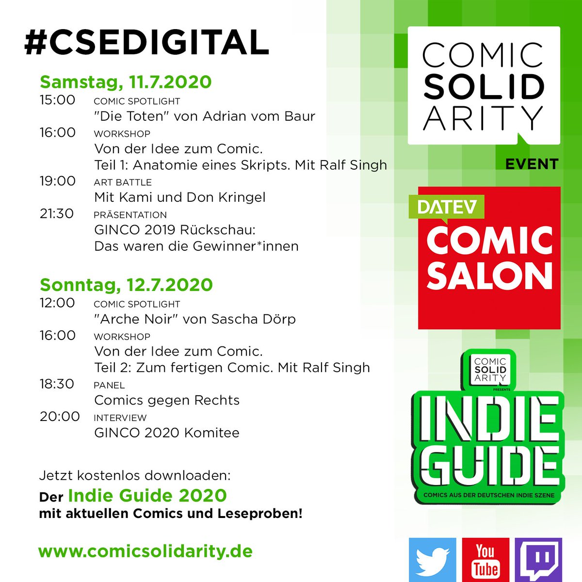 ComicSolidarity's tweet photo. Am Freitag startet der #CSEDIGITAL
Hier seht ihr unsere Programmbeiträge im Überblick!

Wir freuen uns schon sehr! 💚
Die ausführlichen Infos findet ihr auf https://t.co/iPSS4LHqkj 

#indiecomics #onlineconvention #indieguide #comicguide https://t.co/hPSwRUZ3hn
