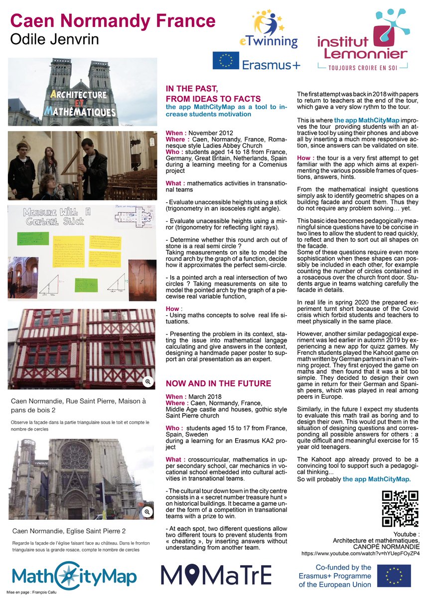 JenvrinOdile's tweet image. My first attempts using the app @mathcitymap to bring math concepts beyond classroom's wall for students from Lycée Lemonnier Caen France. A poster to collaborate with math teachers in Europe whom I would love to meet face to face some day with no covid!