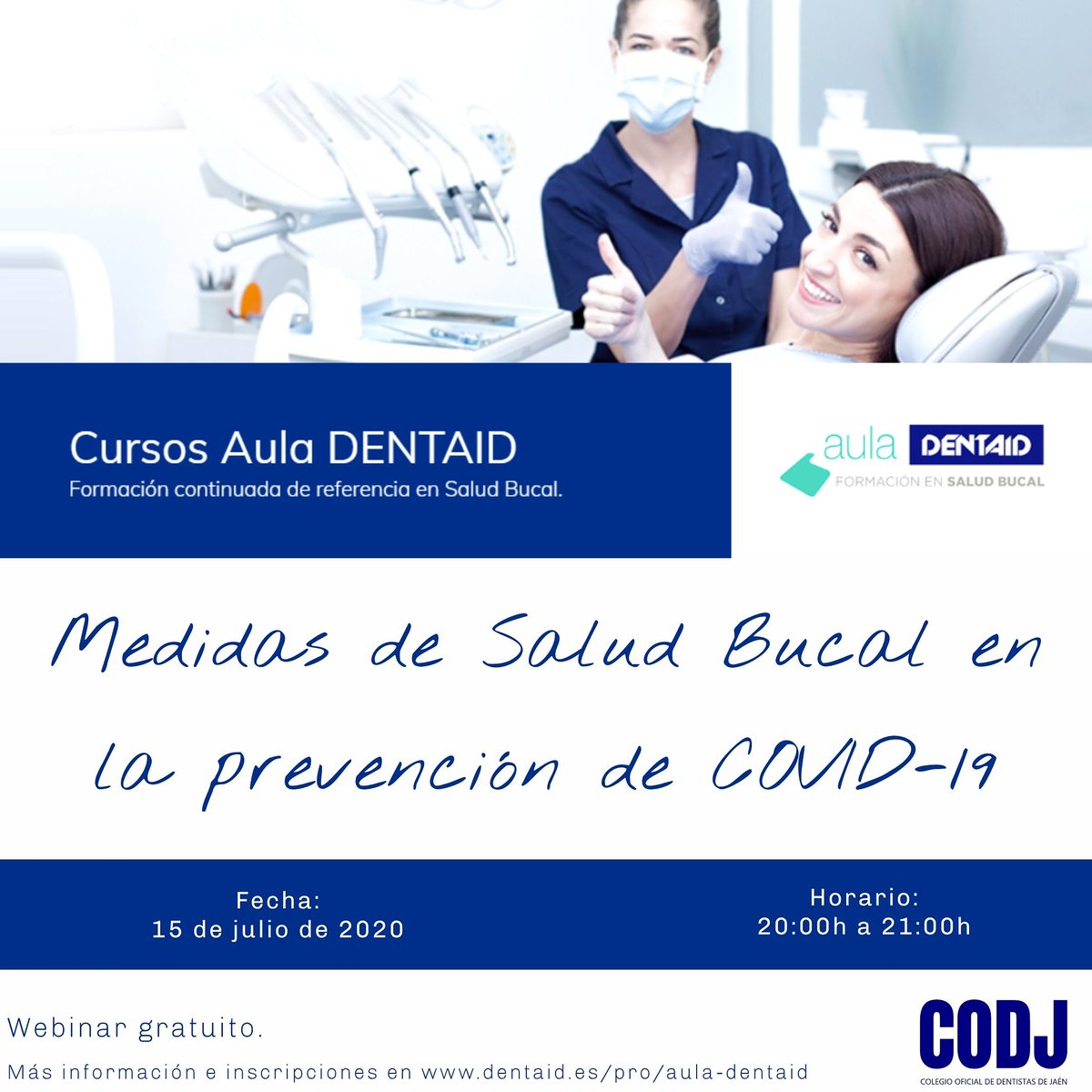 El próximo día 15 de julio, miércoles, gracias a DENTAID , se impartirá una webinar sobre las "Medidas de Salud Bucal en la prevención de COVID-19", dirigido a Dentistas. 
Inscripciones e información en dentaid.es/pro/aula-denta…
#webinargratuito #cursosparadentistas