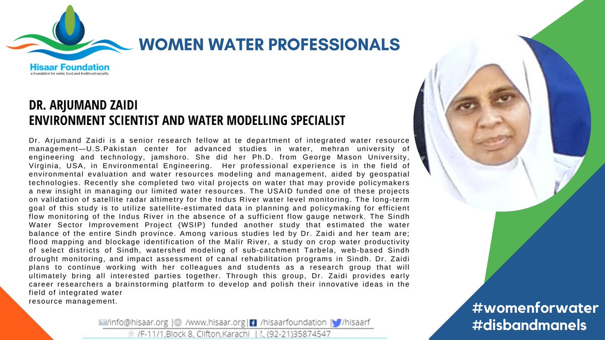 HisaarF's tweet photo. Pakistan has numerous #women who are specialists, professionals, experts, academics, writers, researchers, &amp; practitioners in #water, #environment &amp; #ClimateChange

Dr. Arjumand Zaidi
 
#WomenforWater #disbandmanels #SindhWaterPolicy
@MuradAliShahPPP @murtazawahab1 @USPCASW_MUET https://t.co/3wW4ybhFE7