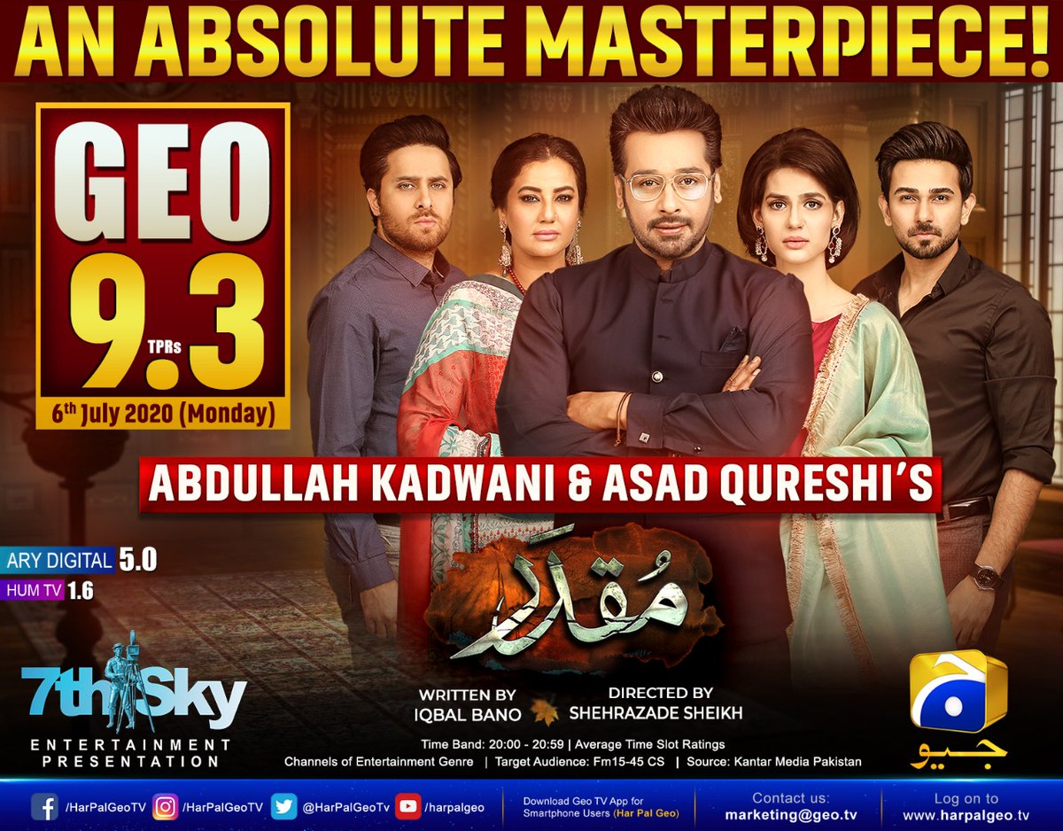 HarPalGeoTv's tweet photo. Drama serial #Muqadar is leading ahead &amp; winning viewer’s hearts. Thank you viewers for pouring in so much love &amp; support!

#GeoTv #HarpalGeo #7thSkyEntertainment #AbdullahKadwani #AsadQureshi #FaysalQureshi
#MadihaImam https://t.co/HvMm1DroBu