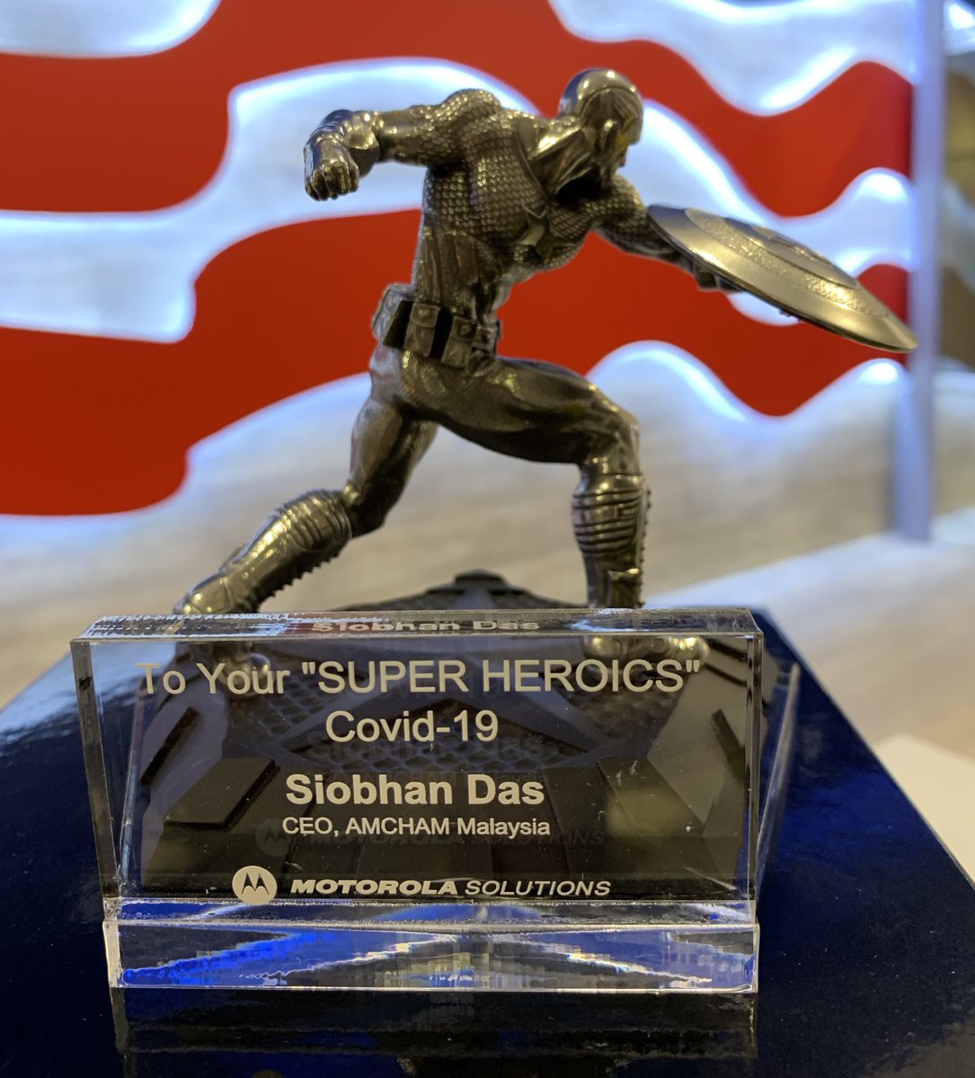AmChamMalaysia's tweet photo. Shout-out to @SolomonLorthu, MD of @MotoSolutions, one of our long-standing members for their very kind generosity of sending the team chocolate hampers along with a "Captain America" pewter statue reading "Super Heroics" dedicated to our beloved CEO, @SiobhanDas
#covid19 #MAEI https://t.co/ph1GJ8eVwo